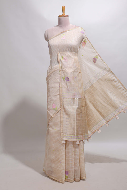 Sandal checked floral design linen cotton saree with self zari border and matching blouse