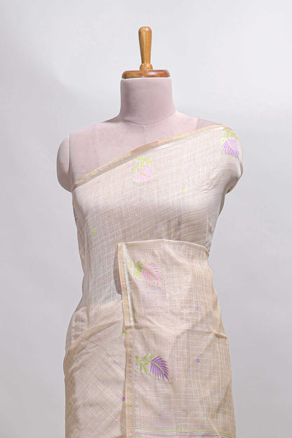 Sandal checked floral design linen cotton saree with self zari border and matching blouse