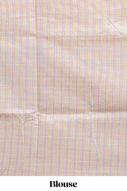 Sandal checked floral design linen cotton saree with self zari border and matching blouse