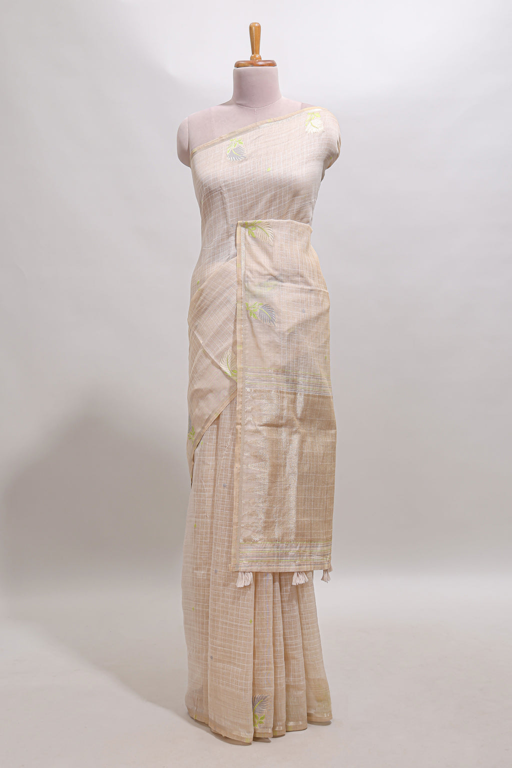 Sandal checked floral design linen cotton saree with self zari border and matching blouse