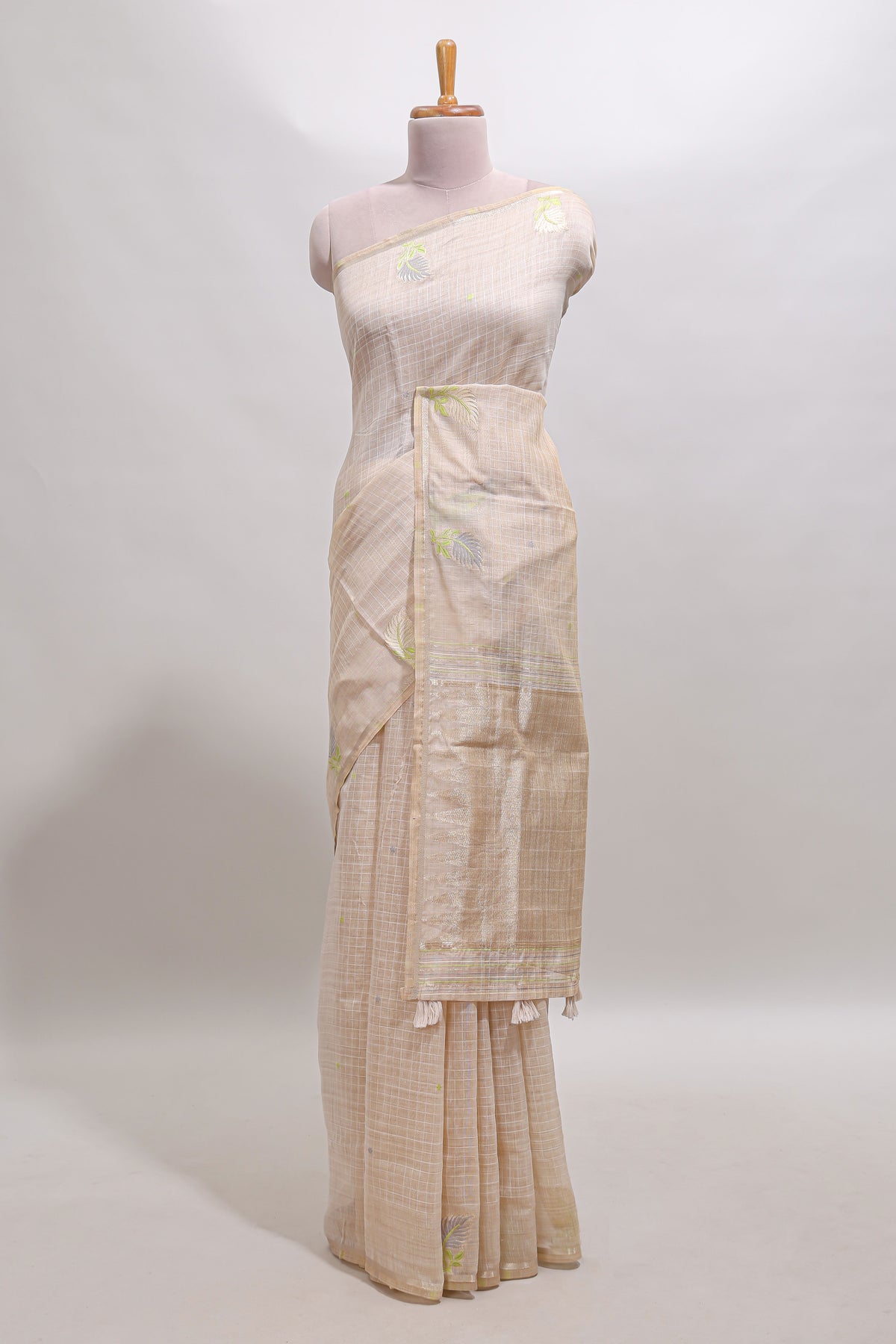 Sandal checked floral design linen cotton saree with self zari border and matching blouse
