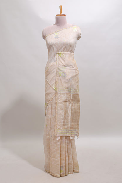 Sandal checked floral design linen cotton saree with self zari border and matching blouse