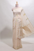 Sandal checked floral design linen cotton saree with self zari border and matching blouse