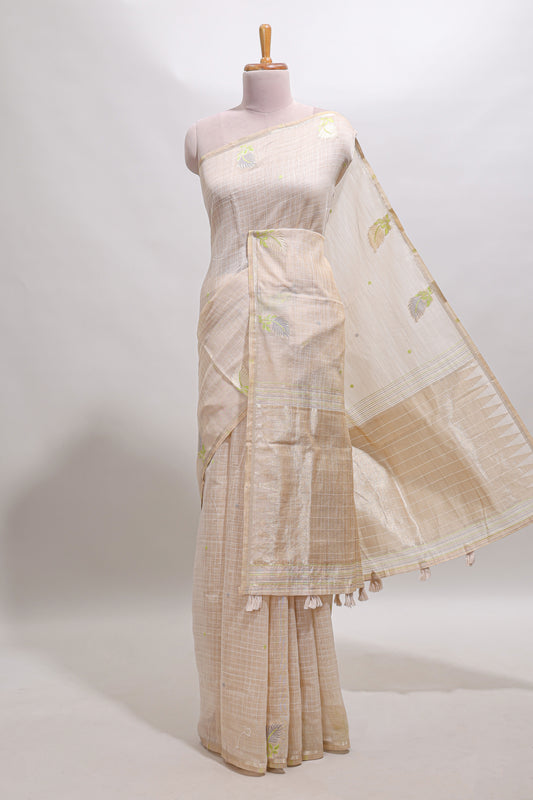 Sandal checked floral design linen cotton saree with self zari border and matching blouse
