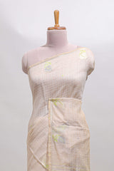Sandal checked floral design linen cotton saree with self zari border and matching blouse