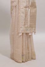 Sandal checked floral design linen cotton saree with self zari border and matching blouse