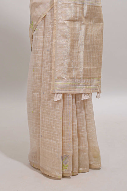 Sandal checked floral design linen cotton saree with self zari border and matching blouse