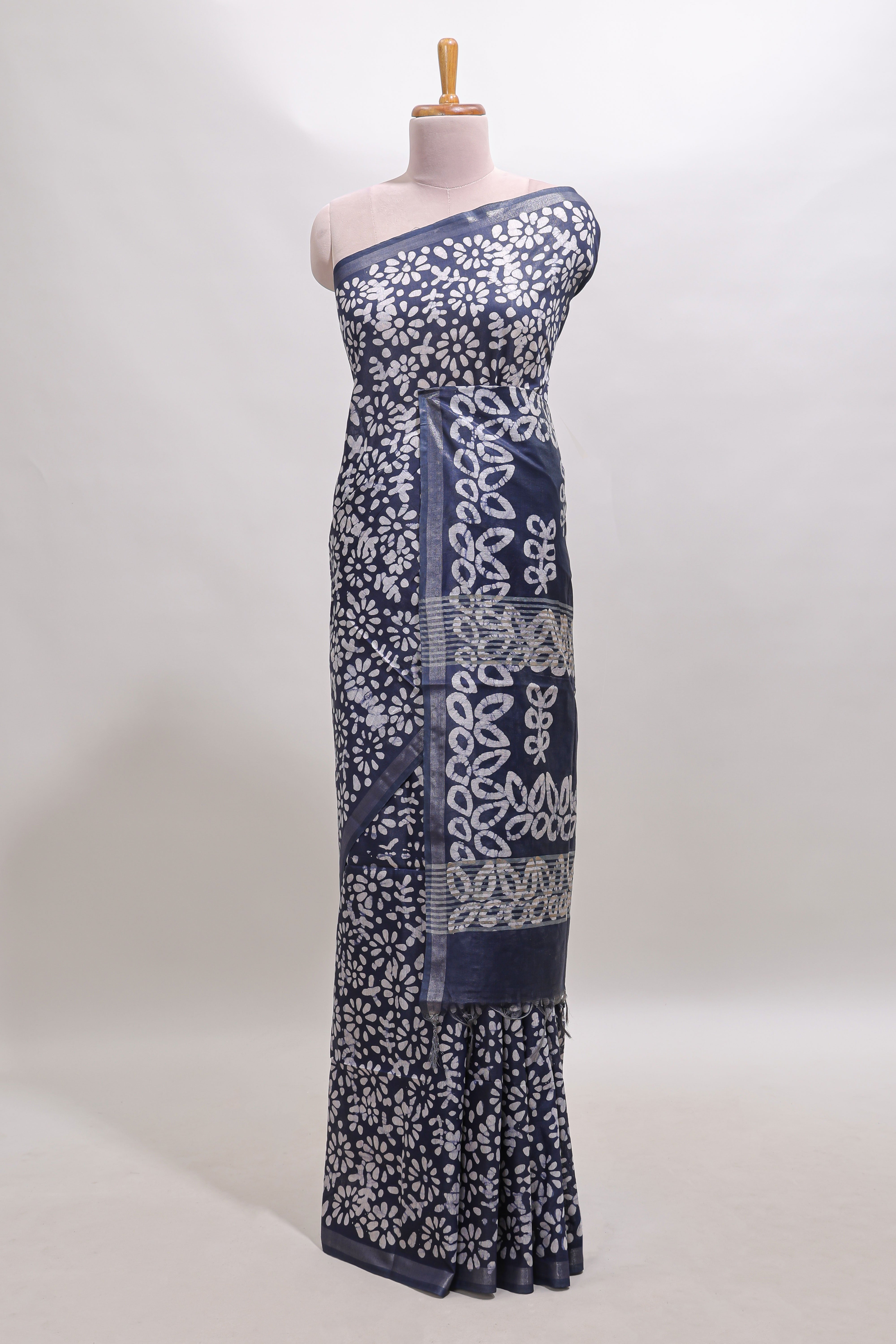 Dark blue floral design linen cotton saree with self zari border and matching blouse