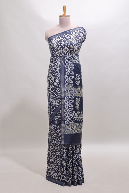 Dark blue floral design linen cotton saree with self zari border and matching blouse