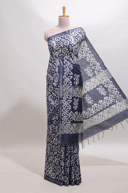 Dark blue floral design linen cotton saree with self zari border and matching blouse