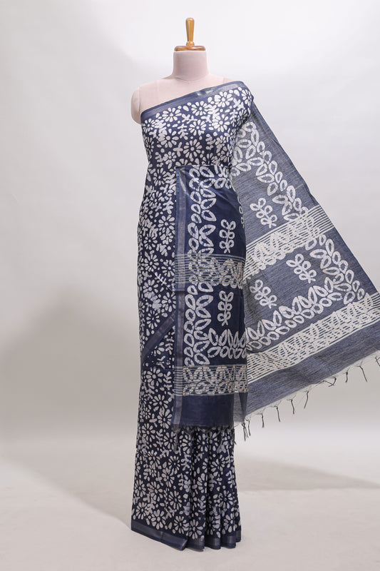 Dark blue floral design linen cotton saree with self zari border and matching blouse