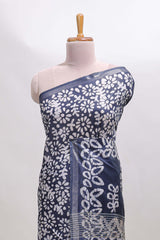 Dark blue floral design linen cotton saree with self zari border and matching blouse