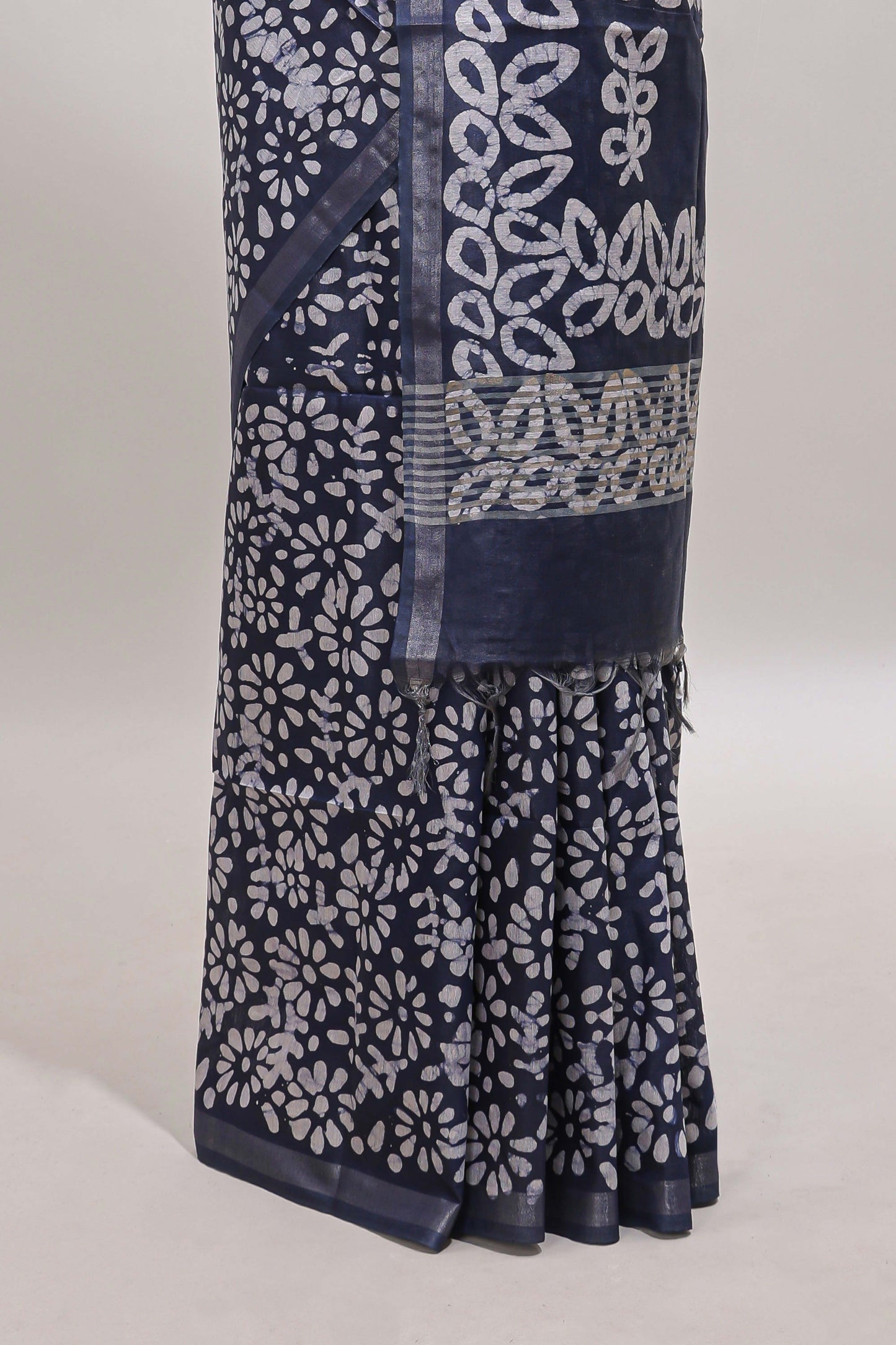 Dark blue floral design linen cotton saree with self zari border and matching blouse