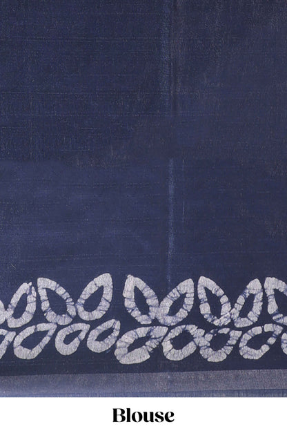 Dark blue floral design linen cotton saree with self zari border and matching blouse