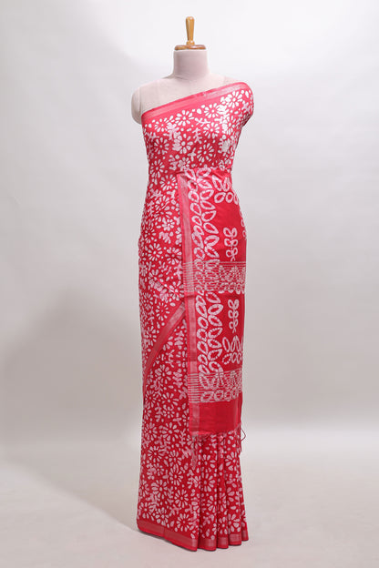 Red floral design linen cotton saree with self zari border and matching blouse