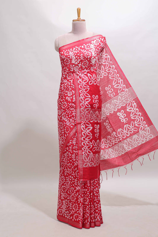 Red floral design linen cotton saree with self zari border and matching blouse
