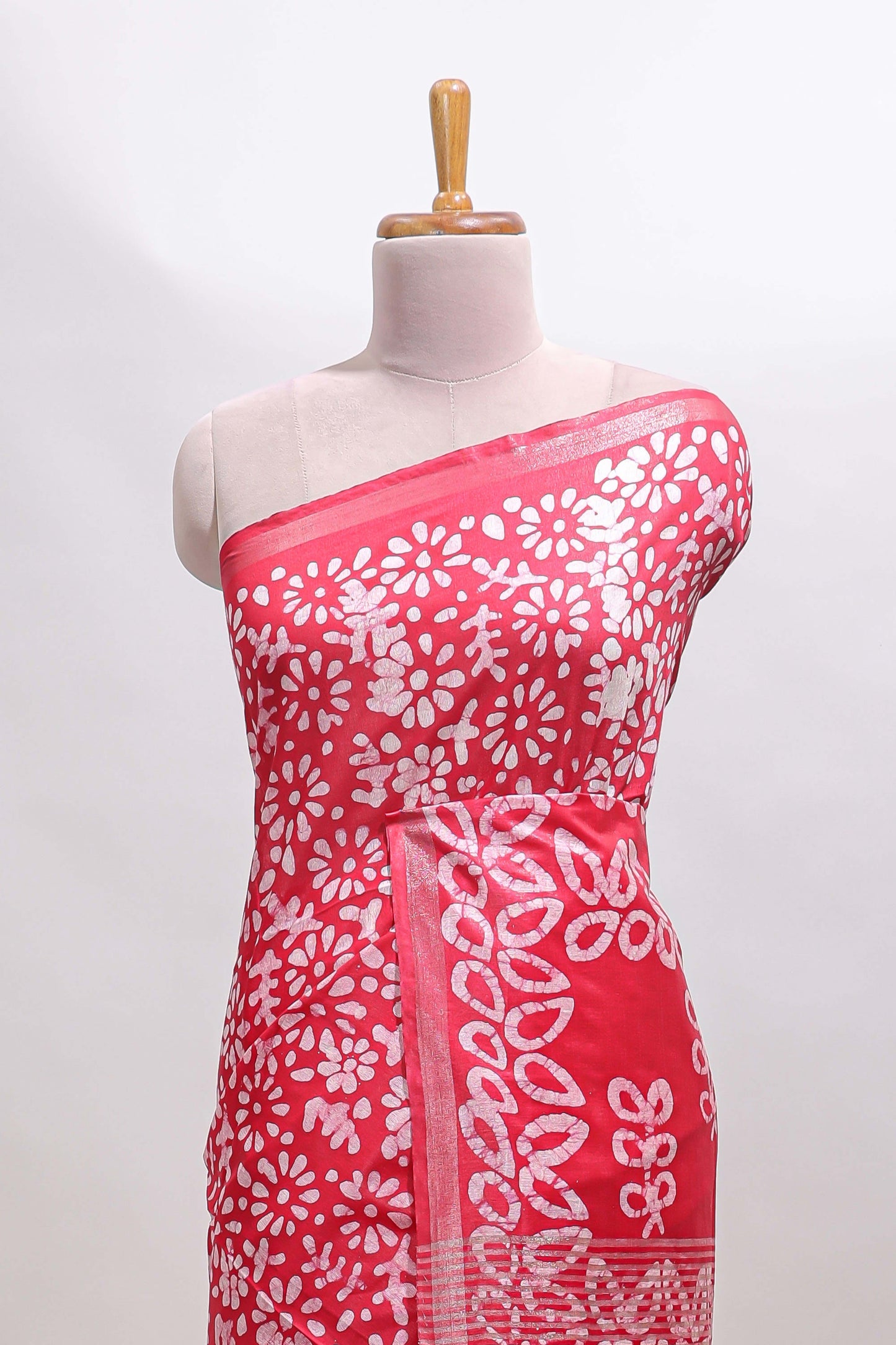 Red floral design linen cotton saree with self zari border and matching blouse