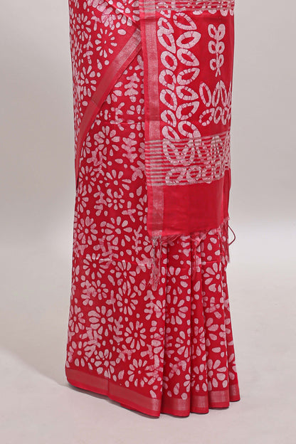 Red floral design linen cotton saree with self zari border and matching blouse
