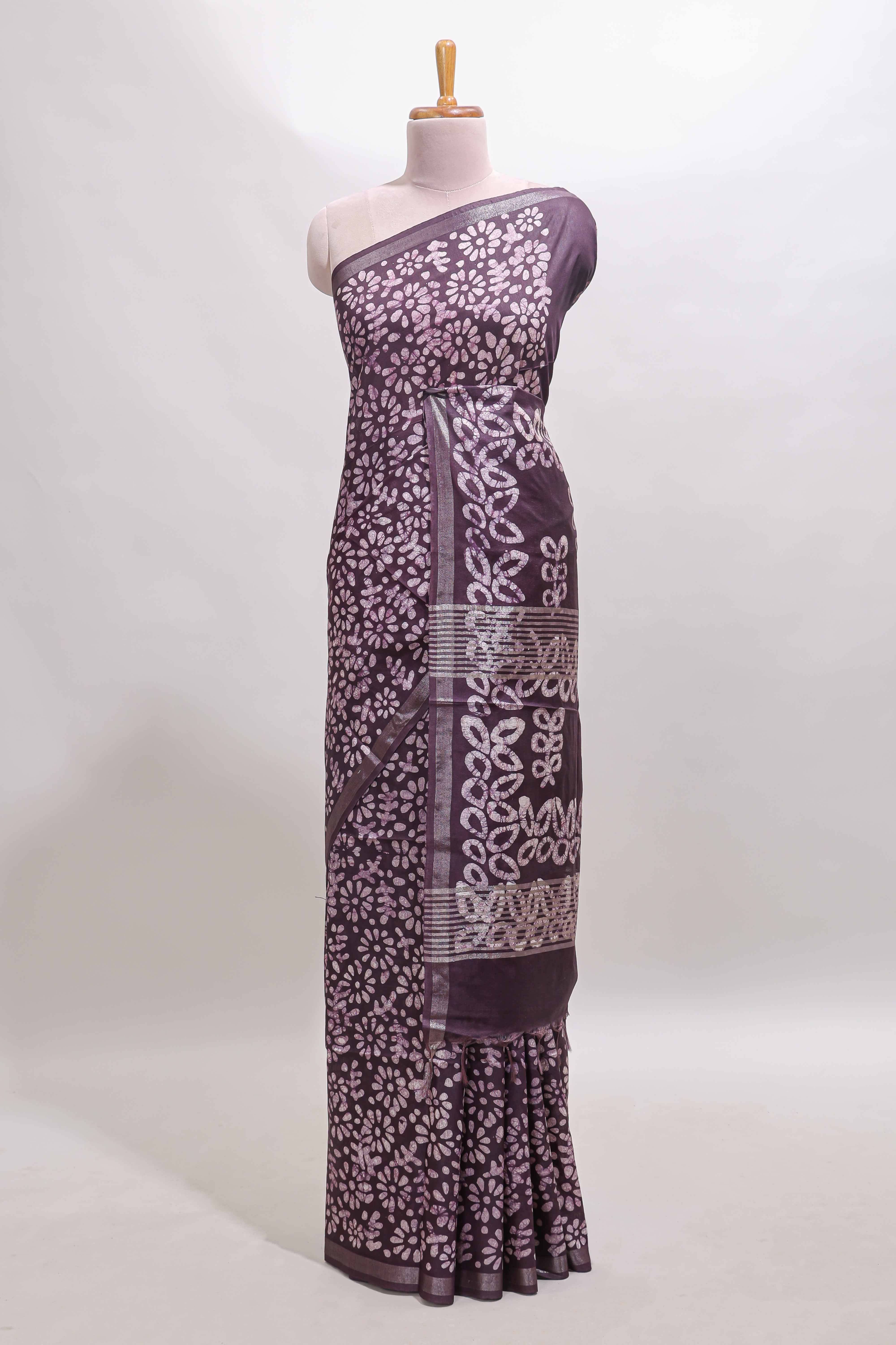 Dark purple floral design linen cotton saree with self zari border and matching blouse