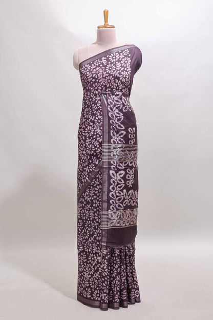 Dark purple floral design linen cotton saree with self zari border and matching blouse