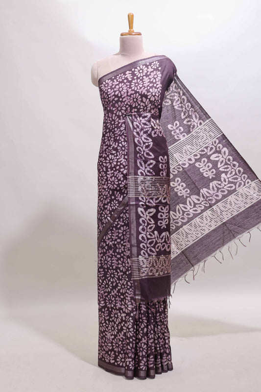 Dark purple floral design linen cotton saree with self zari border and matching blouse