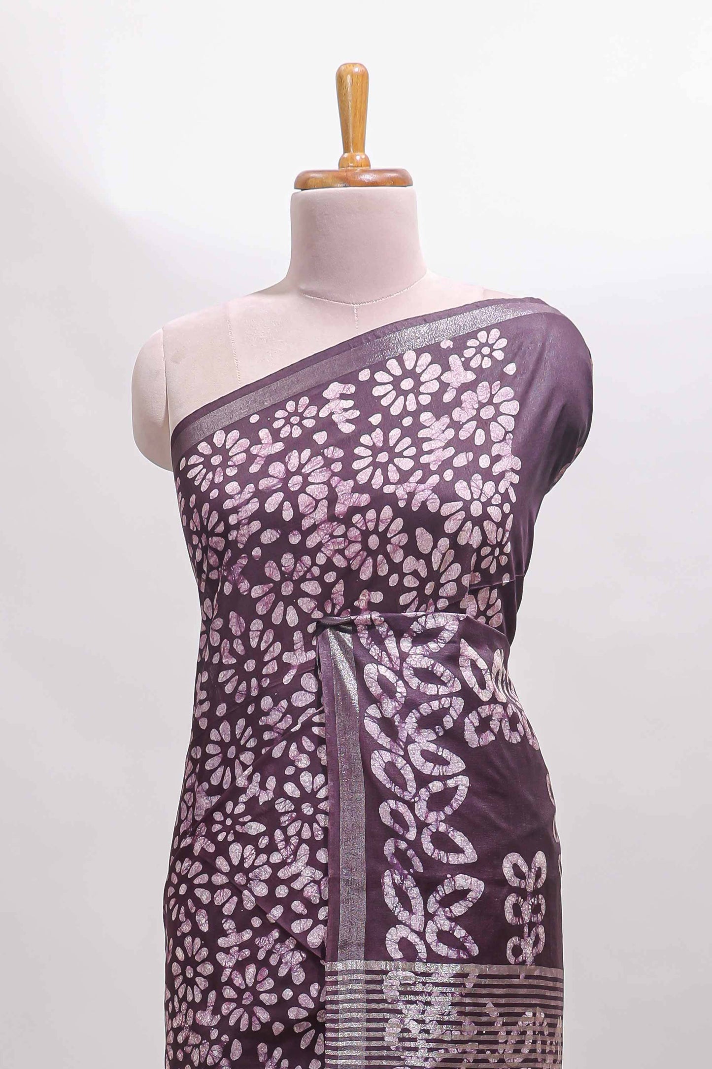 Dark purple floral design linen cotton saree with self zari border and matching blouse
