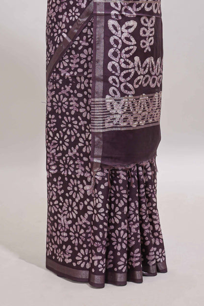 Dark purple floral design linen cotton saree with self zari border and matching blouse