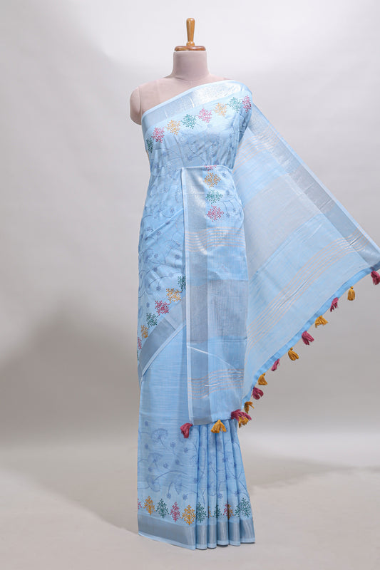 Blue embroidery floral design linen cotton saree with self zari border and matching blouse