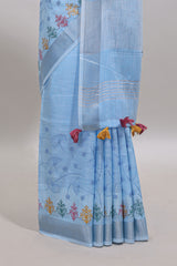 Blue embroidery floral design linen cotton saree with self zari border and matching blouse