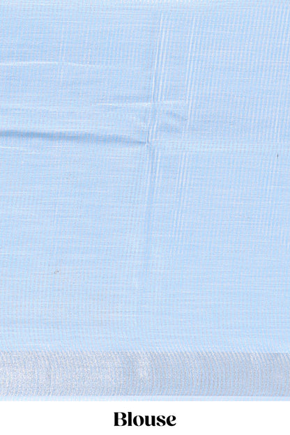 Blue embroidery floral design linen cotton saree with self zari border and matching blouse