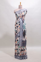 Beige geometric design linen cotton saree with contrast zari border and matching blouse
