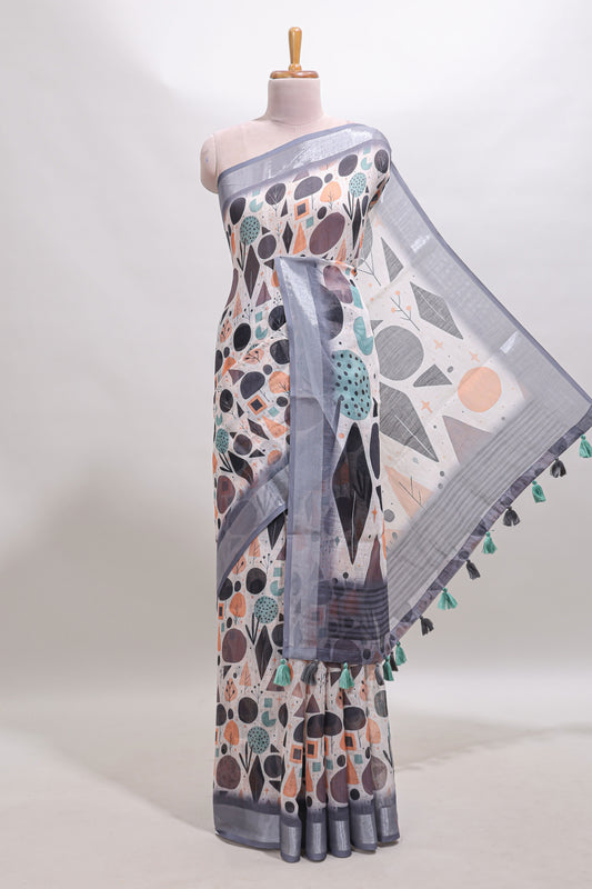 Beige geometric design linen cotton saree with contrast zari border and matching blouse