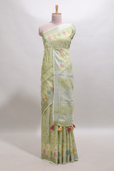 Green embroidery floral design linen cotton saree with self zari border and matching blouse