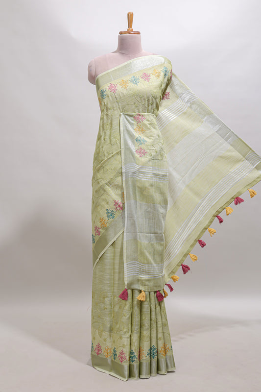 Green embroidery floral design linen cotton saree with self zari border and matching blouse