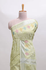 Green embroidery floral design linen cotton saree with self zari border and matching blouse