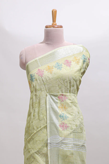 Green embroidery floral design linen cotton saree with self zari border and matching blouse