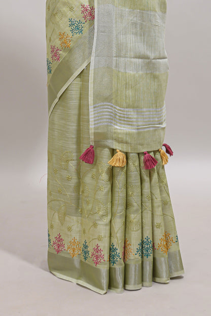Green embroidery floral design linen cotton saree with self zari border and matching blouse