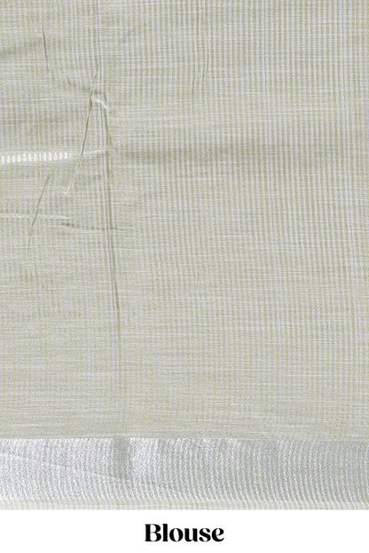 Green embroidery floral design linen cotton saree with self zari border and matching blouse