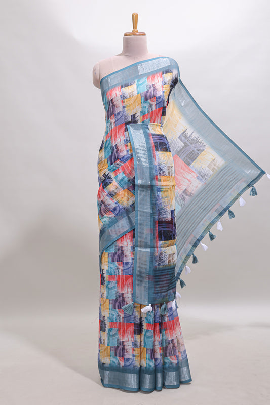 Multi color geometric design linen cotton saree with contrast zari border and matching blouse