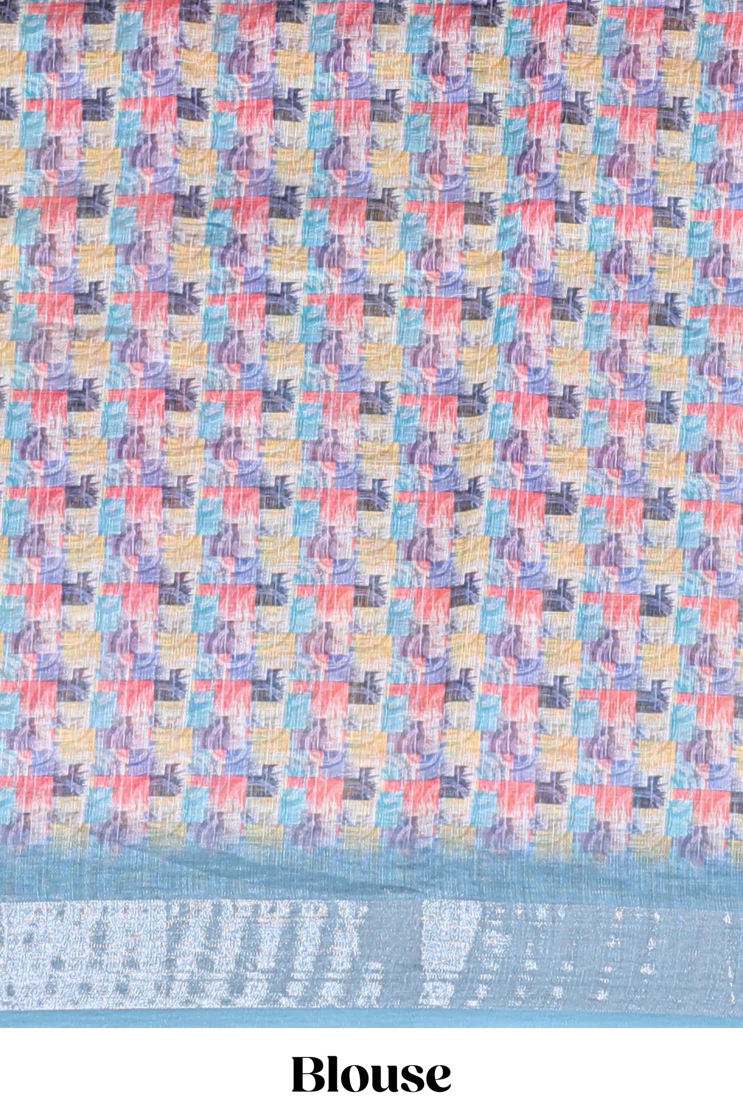 Multi color geometric design linen cotton saree with contrast zari border and matching blouse