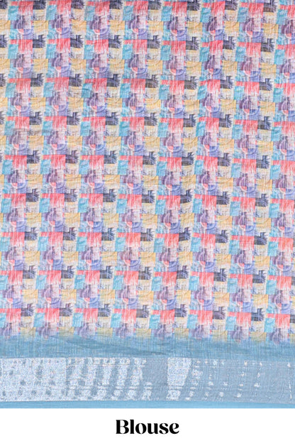 Multi color geometric design linen cotton saree with contrast zari border and matching blouse