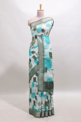 Multi color geometric design linen cotton saree with contrast zari border and matching blouse