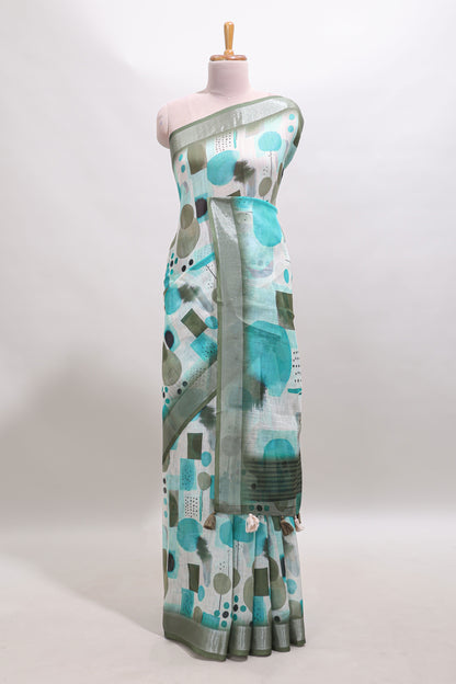 Multi color geometric design linen cotton saree with contrast zari border and matching blouse