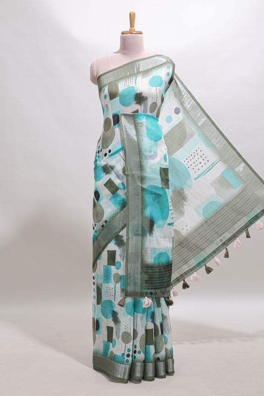 Multi color geometric design linen cotton saree with contrast zari border and matching blouse