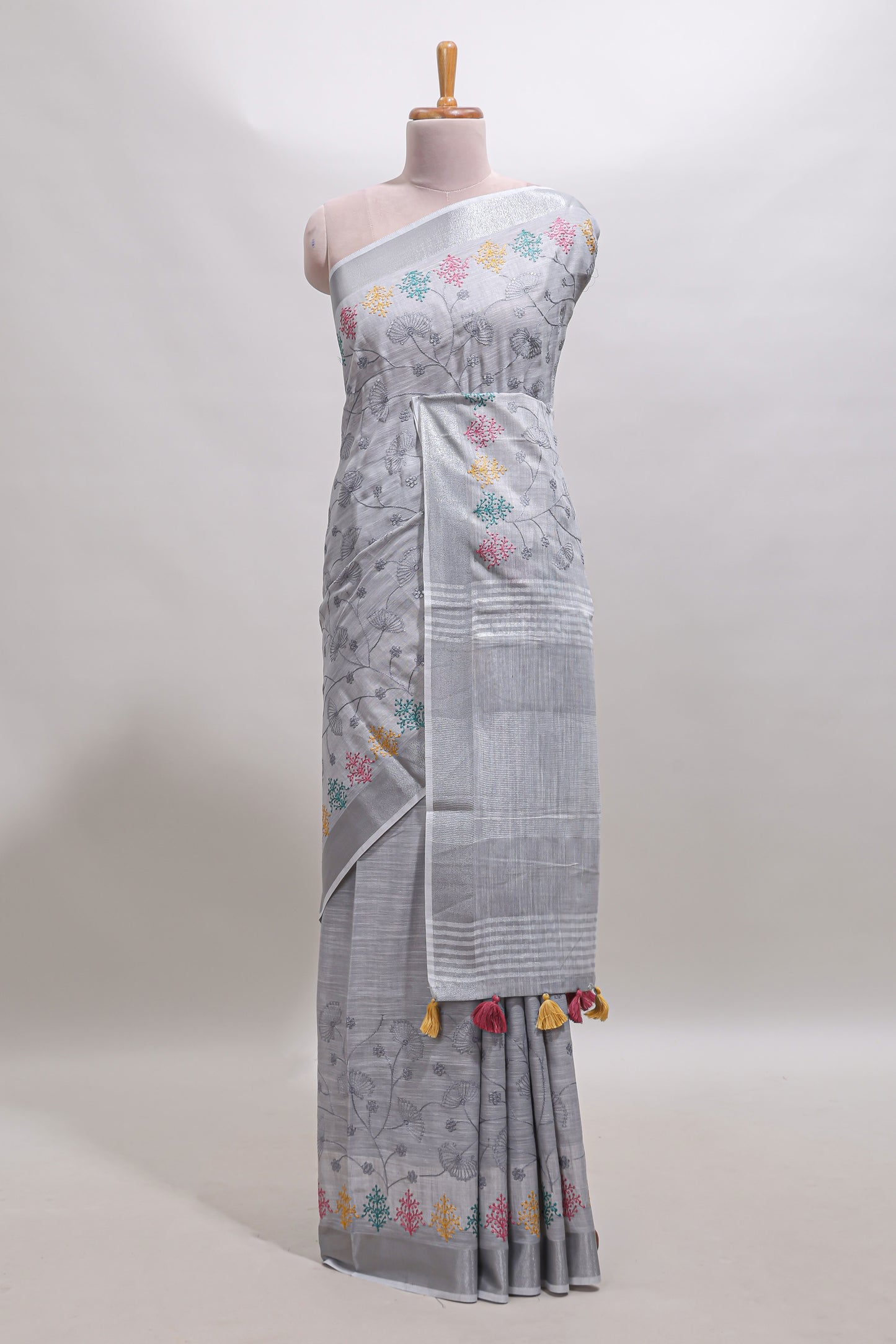 Grey embroidery floral design linen cotton saree with self zari border and matching blouse