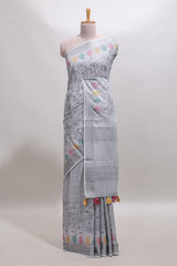 Grey embroidery floral design linen cotton saree with self zari border and matching blouse