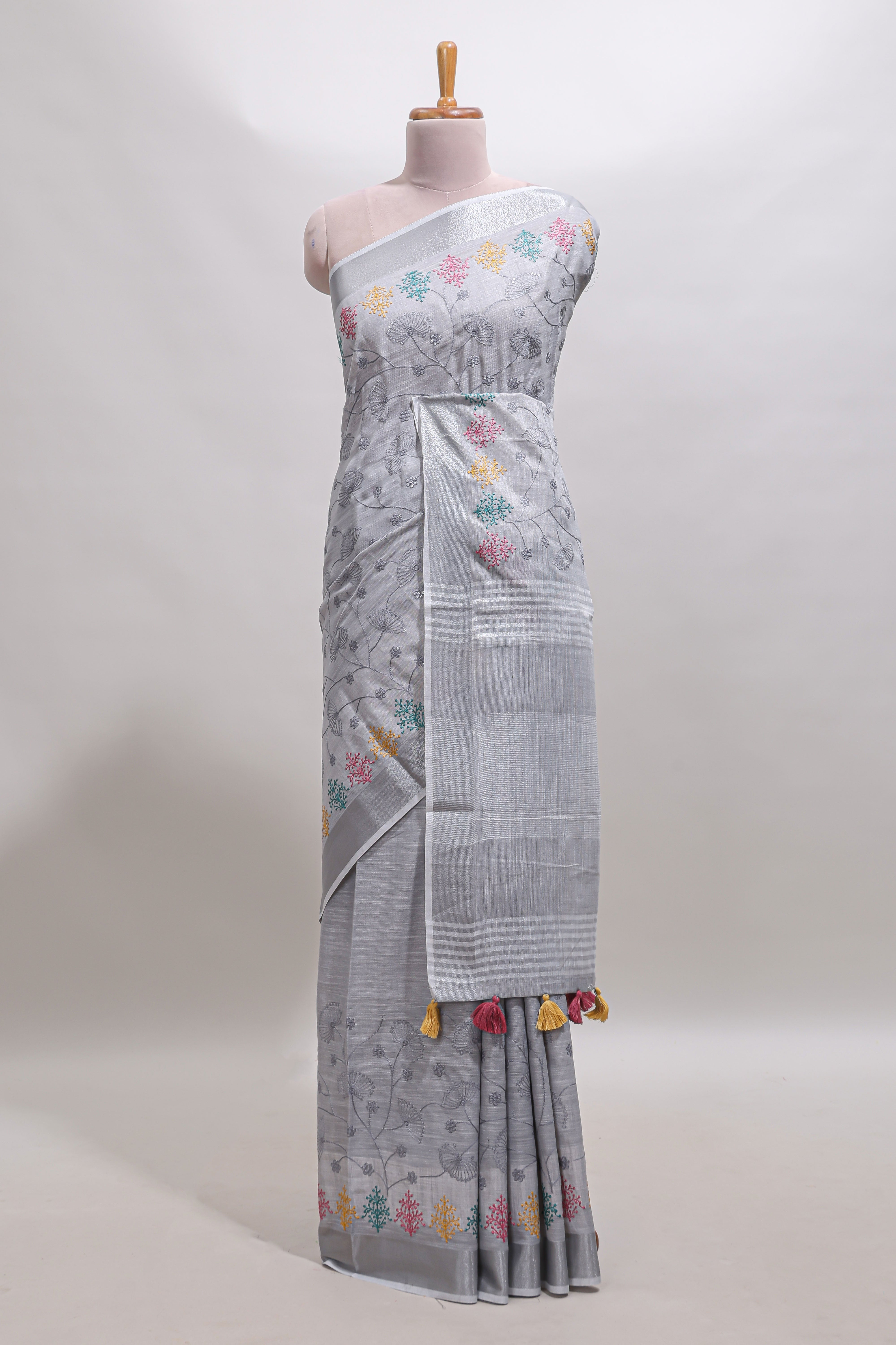 Grey embroidery floral design linen cotton saree with self zari border and matching blouse