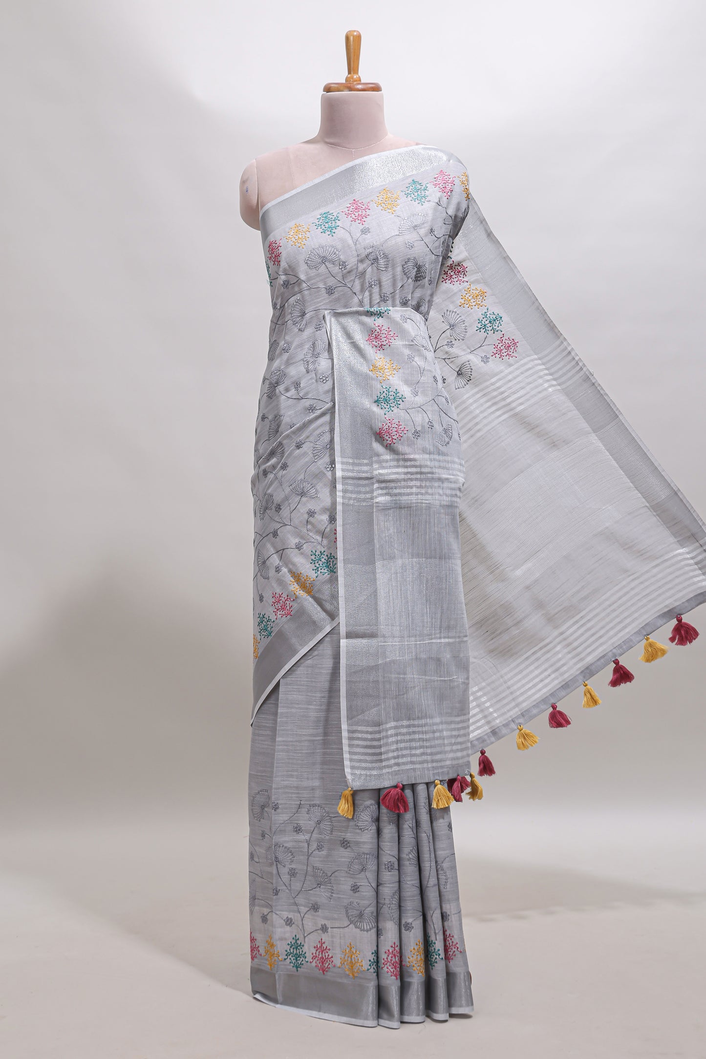 Grey embroidery floral design linen cotton saree with self zari border and matching blouse
