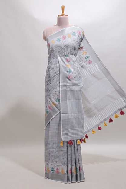 Grey embroidery floral design linen cotton saree with self zari border and matching blouse