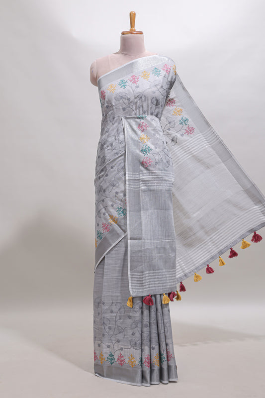 Grey embroidery floral design linen cotton saree with self zari border and matching blouse